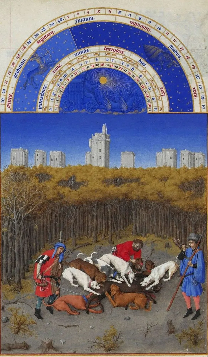 Охота на дикого кабана, Limbourg Brothers,1416, Musée Condé, Chantilly, France