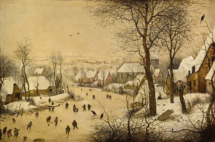 Зимний пейзаж с катающимися и ловушкой для птиц, Pieter Bruegel the Elder, 1565, Royal Museums of Fine Arts of Belgium